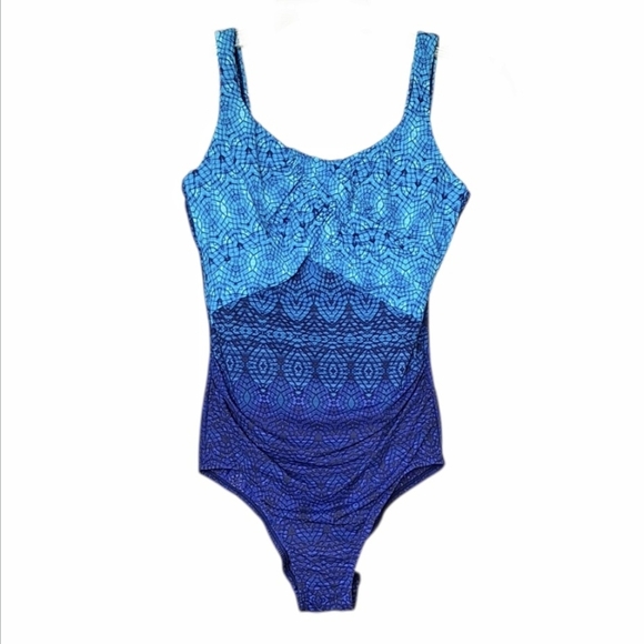 Lands End Blue Mosaic Underwire 1 Piece Swimsuit Beach Pool 10 - Picture 2 of 6